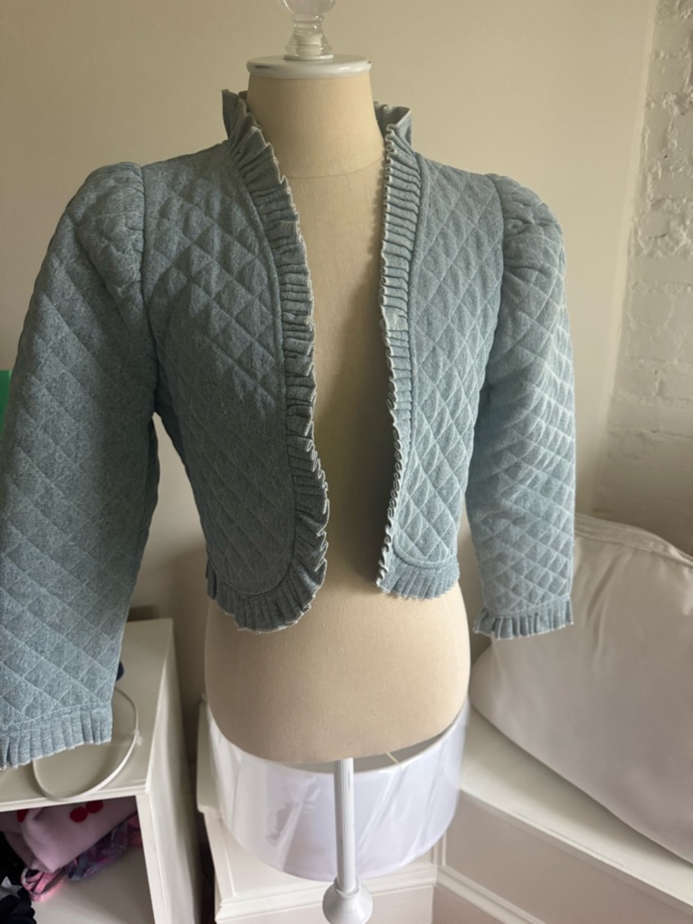 Love the Label Quilted Cropped Ruffle-Trim Blazer in Light Denim - Picture 2 of 7